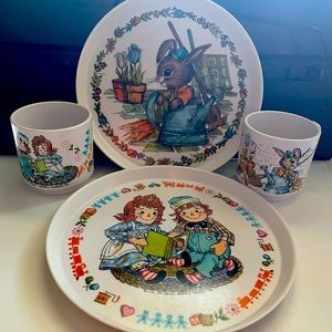Vintage 1969 Oneida Melamine Raggedy Ann & Andy and Peter Rabbit Plate/Cup Sets